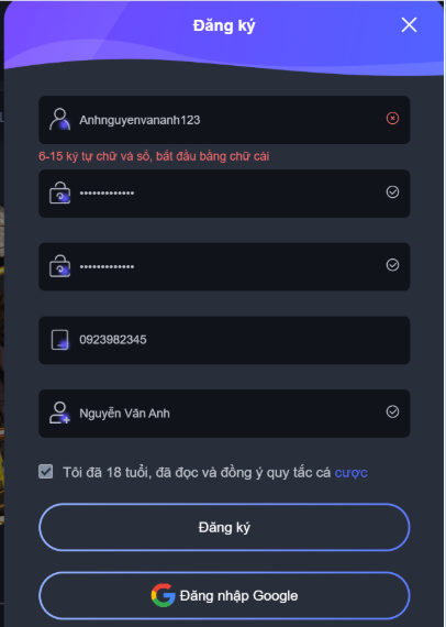 Điền các thông tin đăng ký Luck8